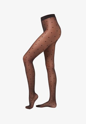 Genomskinliga svarta strumpbyxor med matt yta, prydda med små svarta hjärtan över hela. Solid midja för en säker passform.