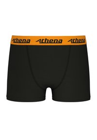 Boxer-briefs noirs avec une ceinture élastique orange portant le nom de la marque "Athena" en noir. Texture lisse, design ajusté.