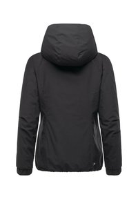 Czarna, zimowa kurtka z kapturem, z długimi rękawami, elastycznymi mankietami i zgromadzonym dołem, przedstawiona z tyłu na białym tle.