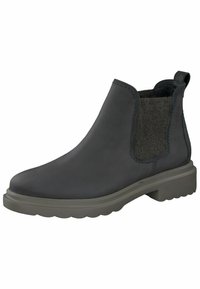 Černé chelsea kotníkové boty vyrobené z kůže s filcovým elastickým vkladem, zaoblenou špičkou a robustní gumovou podrážkou. Očko na patě pro snadné obouvání.