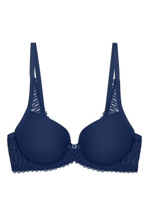 Dunkelblauer BH mit geformten, leicht gepolsterten Cups; Netzoverlay und Spitzenakzente entlang des Bands; verstellbare Träger mit einem Frontverschluss.
