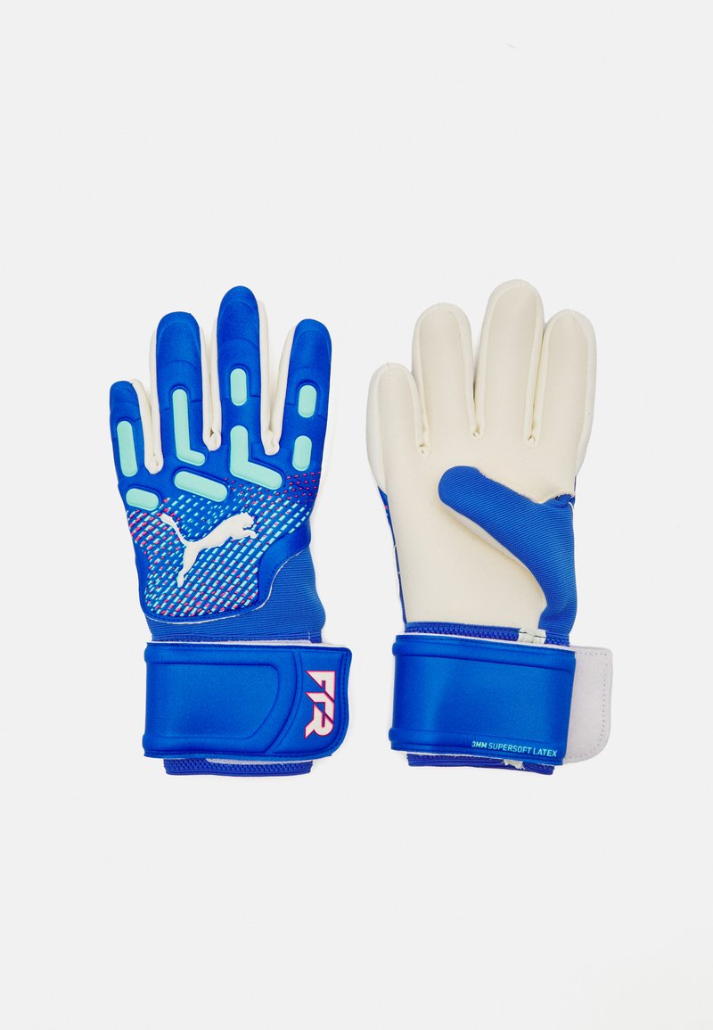 Blaue Torwarthandschuhe mit strukturiertem Griff, gepolsterten Fingern, Gummibezügen und einem synthetischen Handgelenkband mit Klettverschluss.