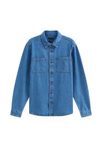 Denim shirt, blauwe kleur, lange mouwen, knoopsluiting aan de voorkant, twee borstzakken, klassieke kraag, zachte textuur, standaard pasvorm.
