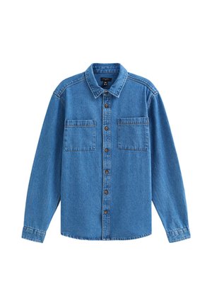 Camicia di denim, colore blu, maniche lunghe, chiusura con bottoni, due tasche sul petto, colletto classico, texture morbida, vestibilità standard.