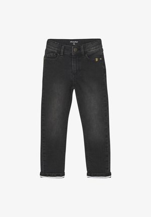 Sorte børne-jeans med slim fit, opsmøgede manchetter, lommer foran og bagpå, lukkes med knap og har bæltestropper.