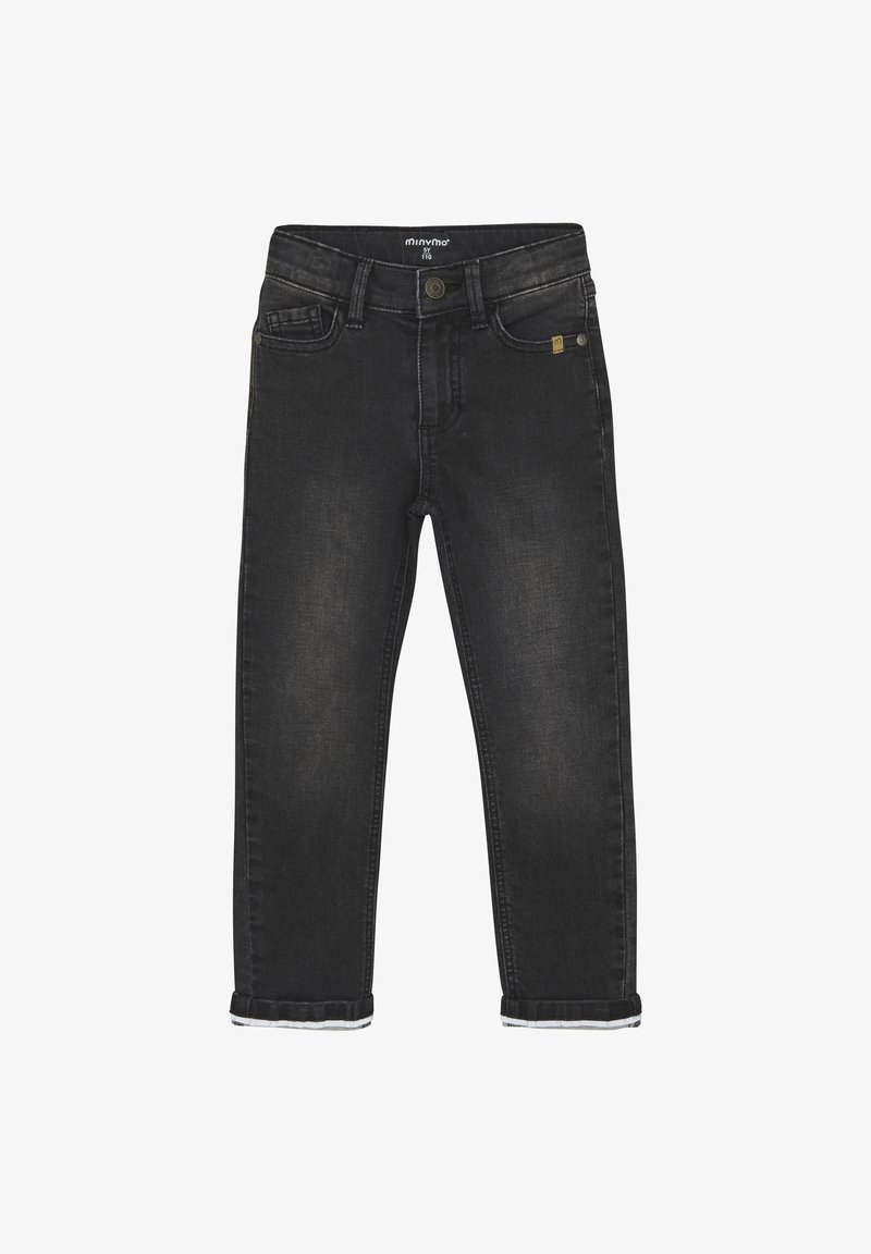 Jean slim pour enfants noirs avec revers roulés, poches avant et arrière, fermeture à bouton et passants pour ceinture.