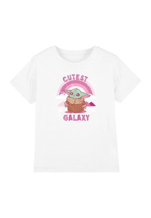 White kids' t-shirt with a cartoon green alien in a brown robe under a pink rainbow and the words "Cutest in the Galaxy."