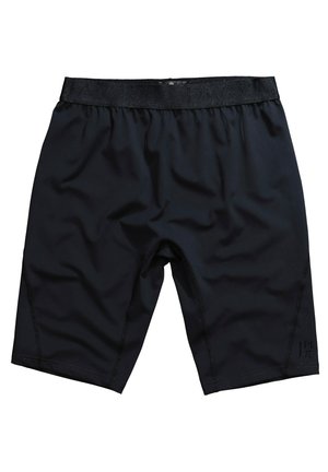 Czarne kąpielówki wykonane z gładkiego materiału, z elastycznym paskiem w talii, płaskimi szwami i detalem logo w dolnym lewym rogu.