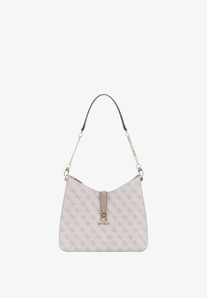Shoulder bag in light grey material featuring a subtle pattern, chain and leather strap, with a central clasp detail. Smooth texture.