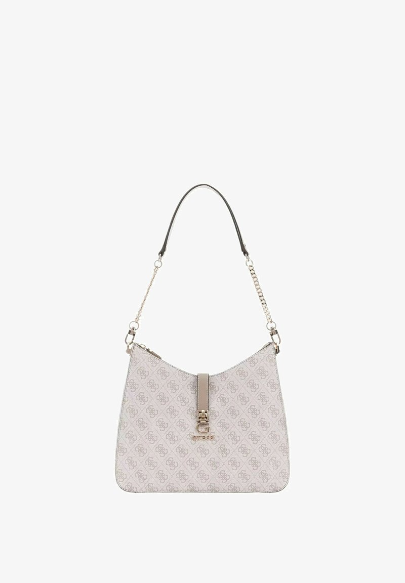 Torba preko ramena od svijetlosivog materijala s suptilnim uzorkom, lančanim i kožnim remenom, središnjim detaljem kopčanja. Glatka tekstura.