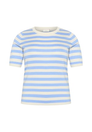 T-shirt à manches courtes rayé en bleu clair et crème, en tissu tricoté doux. Présente un col rond et une coupe décontractée.
