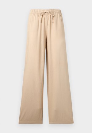 Beige bukser med vide ben, elastisk midje og snor, laget av mykt og lett stoff som passer for avslappet bruk.