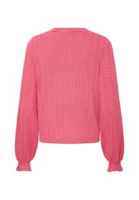 Pull en maille rose manches longues avec motif texturé, col rond et poignets élastiques sur fond blanc.