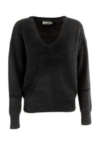 Pull en tricot noir duveteux avec des manches longues et un col en V, étiqueté taille petite.
