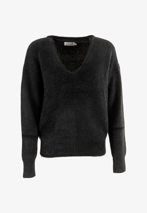 Maglione nero in maglia morbida con maniche lunghe e colletto a V, etichettato come taglia piccola.