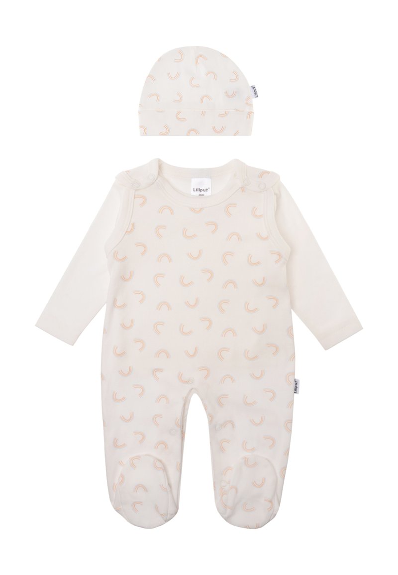 Two-piece baby outfit featuring a cream onesie with pastel rainbow patterns and a matching cap. Made of soft, stretchy fabric.