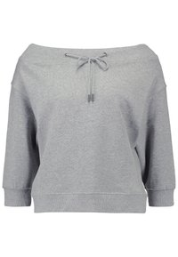 Sudadera gris de hombros al aire con cuello con cordón, puños y dobladillo acanalados, y un ajuste relajado. Fabricada con una suave tela texturizada.