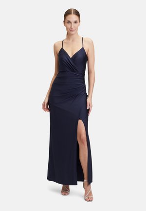 Navyblaues Maxikleid mit tailliertem Oberteil, V-Ausschnitt und dünnen Trägern. Verfügt über einen seitlichen Schlitz und geraffte Stoffdetails für Textur.