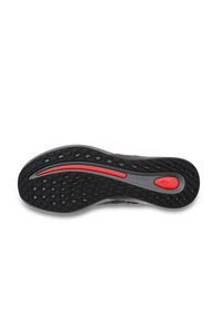 Schuhsohle mit einem schwarzen Gummiunterteil, strukturiertem Muster für besseren Halt, roten Akzentstreifen und glattem grauem Mittelsohlenbereich.