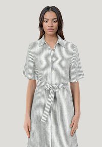 Abito a righe in tessuto leggero, con apertura a bottoni sul fronte, maniche corte e vita con cintura. Le righe sono blu navy e bianche.