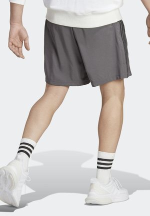 Shorts de sport gris avec une coupe décontractée, ornés de rayures noires sur les côtés. Portés avec des baskets blanches et des chaussettes blanches à rayures noires.