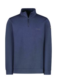 Marineblauwe sweatshirt met hoge kraag, kwart rits en minimalistische logodetail op de borst, gemaakt van een gladde, gestructureerde stof.