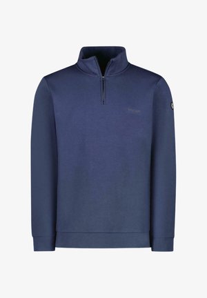 Marineblauwe sweatshirt met hoge kraag, kwart rits en minimalistische logodetail op de borst, gemaakt van een gladde, gestructureerde stof.