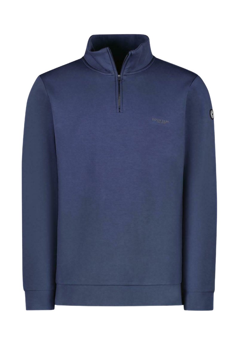 Marineblauwe sweatshirt met hoge kraag, kwart rits en minimalistische logodetail op de borst, gemaakt van een gladde, gestructureerde stof.