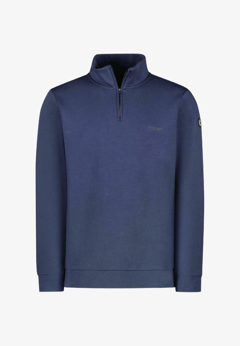 Marineblauwe sweatshirt met hoge kraag, kwart rits en minimalistische logodetail op de borst, gemaakt van een gladde, gestructureerde stof.