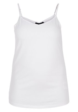 Camisole blanche sans manches avec un décolleté en V, fabriquée en coton doux, dotée de bretelles réglables et d'une coupe décontractée.