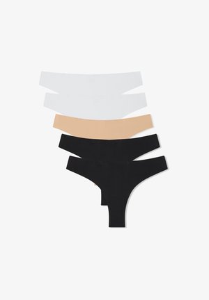 Set di quattro perizomi in bianco, carne e due tonalità di nero. Realizzati in tessuto morbido con un design minimalista e una fascia larga in vita.