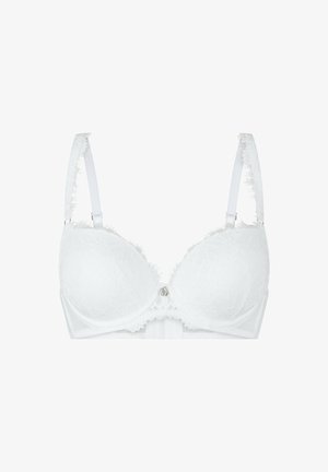 Soutien-gorge en dentelle blanche avec des bonnets rembourrés, des bords froncés décoratifs, des bretelles ajustables et un fermoir à l'avant avec un petit détail métallique.