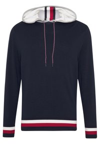Un hoodie navy avec une bordure grise, doté d'une doublure intérieure blanche avec des rayures rouges et navy. Comprend une poche avant et des cordons en tresse.