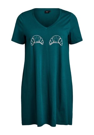 Lyijy sininen lyhythihainen V-kaula-aukkoinen mekko, jossa on kaksi valkoista croissant-kuvitusta rinnan keskellä.