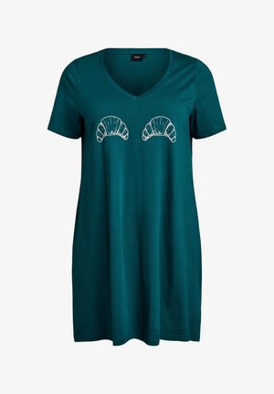 Robe à manches courtes encolure en V couleur sarcelle avec deux illustrations blanches de croissants centrées sur la poitrine.