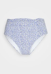 Parte de baixo de biquíni de cintura alta em branco com padrão floral azul. Tecido suave, cintura elástica, cobertura moderada e sem detalhes em metal.