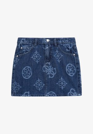 Jupe en denim bleu foncé présentant un motif décoloré avec des designs circulaires et géométriques, forme ajustée, style cinq poches et quincaillerie en métal.