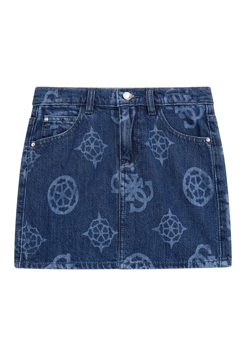 Donkerblauwe denimrok met een vervaagd patroon van cirkels en geometrische ontwerpen, aansluitende pasvorm, vijf zakken en metalen accenten.