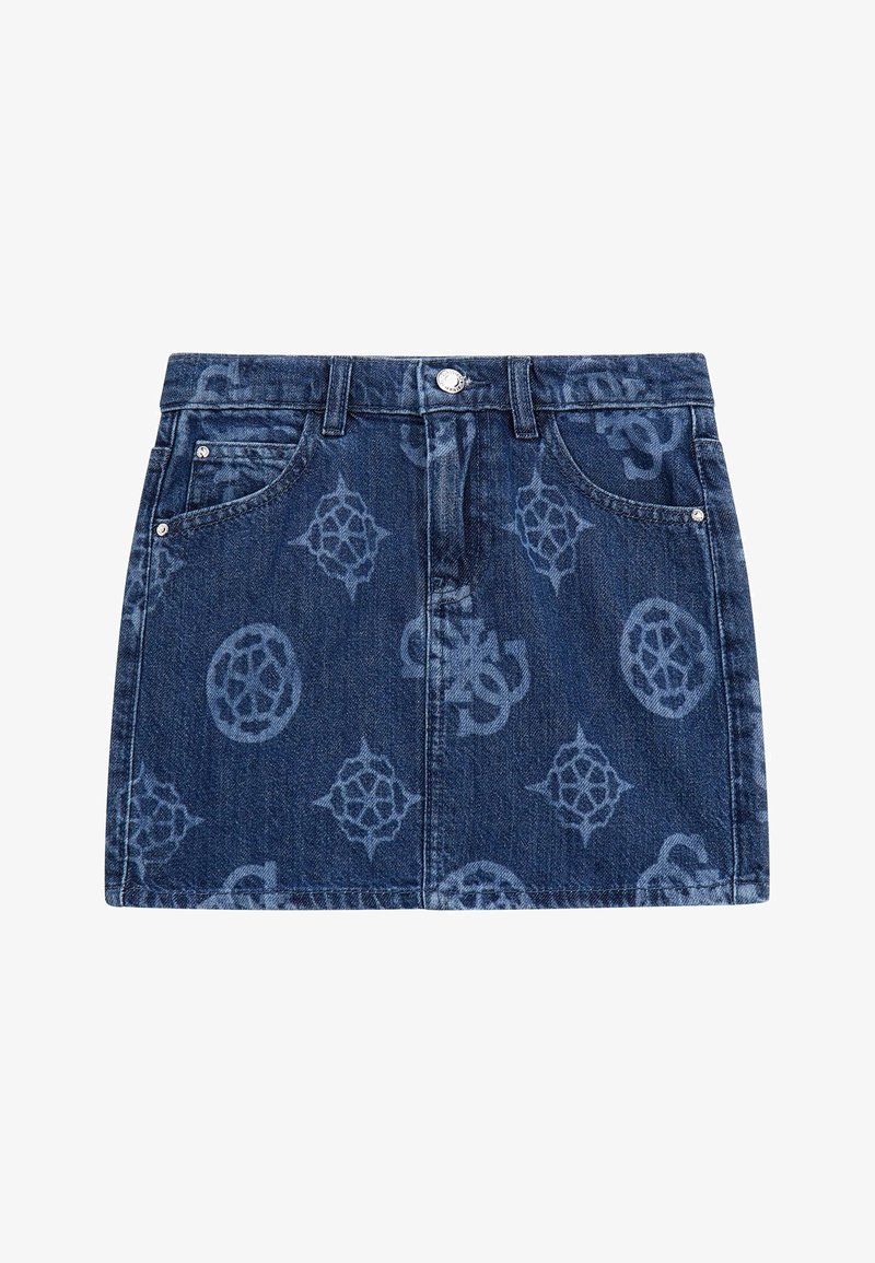 Donkerblauwe denimrok met een vervaagd patroon van cirkels en geometrische ontwerpen, aansluitende pasvorm, vijf zakken en metalen accenten.