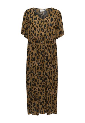 Brūnas un melnas leopardu raksta kleita ar V veida kakla izgriezumu, īsām piedurknēm un brīvu piegriezumu ar savilkumiem jostasvietā. Mīksta tekstūra.