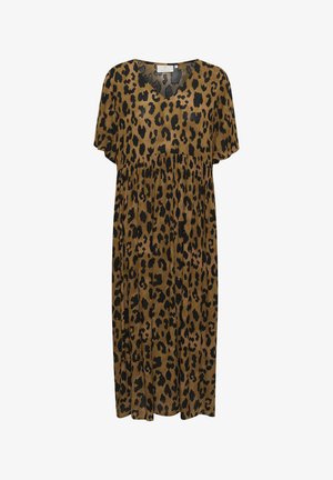 Leopardi prindiga kleit pruunis ja mustas, V-kaeluse, lühikeste varrukate ja vabalt langeva lõikega, millel on taljes kogumised. Pehme tekstuur.