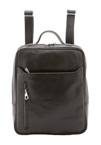 Zaino in pelle nera con una forma rettangolare elegante. Presenta due spallacci regolabili, una tasca frontale con zip e una texture liscia.