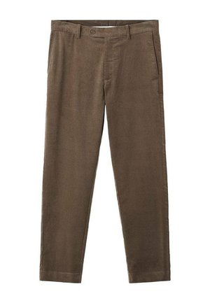 Pantalones de pana marrones con corte recto, que incluyen un cierre de botones, presillas para cinturón y bolsillos laterales, mostrando una textura suave y un color uniforme.