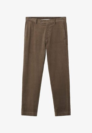 Braune korduroy Hosen mit geradem Schnitt, ausgestattet mit einem Knopfverschluss, Gürtelschlaufen und Seitentaschen, die eine weiche Textur und eine gleichmäßige Farbe zeigen.