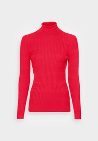 Maglione rosso a collo alto realizzato in tessuto a costine, con maniche lunghe e un design aderente. Presenta un colletto alto e una texture sottile.