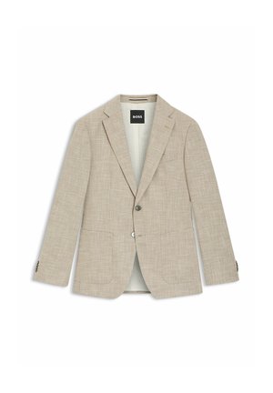 Beige blazer met patroon, gemaakt van gestructureerde stof, voorzien van een enkele knoopsluiting, revers met inkeping en twee voorzakken.