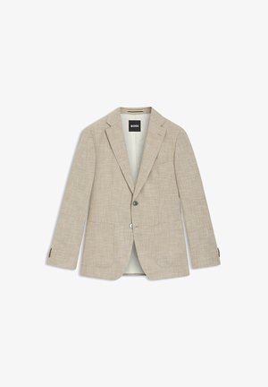 Beige blazer met patroon, gemaakt van gestructureerde stof, voorzien van een enkele knoopsluiting, revers met inkeping en twee voorzakken.