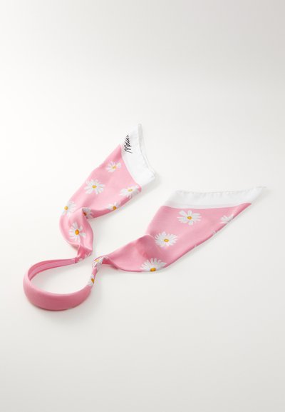 Pink scarf with white accents featuring a daisy pattern. Soft fabric, elongated triangular shape. Attached band for easy styling.