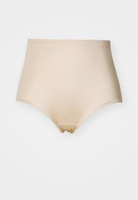 Beige high-waisted brief made of smooth, stretchy fabric. Features a seamless design with a rounded leg opening. Soft texture.