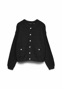 Black knitted cardigan with a round neckline, long sleeves, front button closure, and two patch pockets featuring decorative buttons.